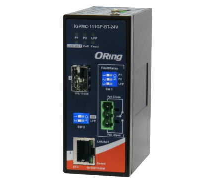 Industrial Gigabit High power PoE Ethernet to fiber media converter with 1x10/100/1000Base-T(X) bt P.S.E. and 1x100/1000Base-X, SFP socket